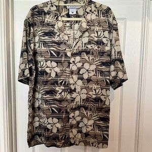 Columbia L Silk Hawaiian Tiki Party SS Shirt Vacation Travel Relaxed Fit Brown L